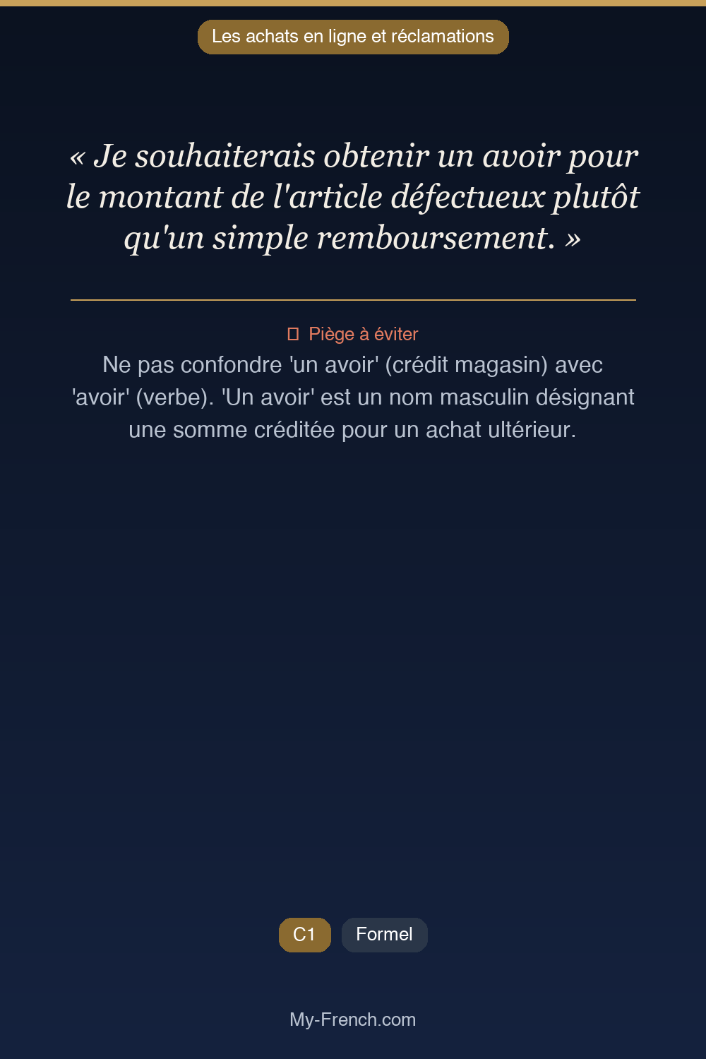 Français des affaires : « Je souhaiterais obtenir un avoir pour le montant de l'article défectue »