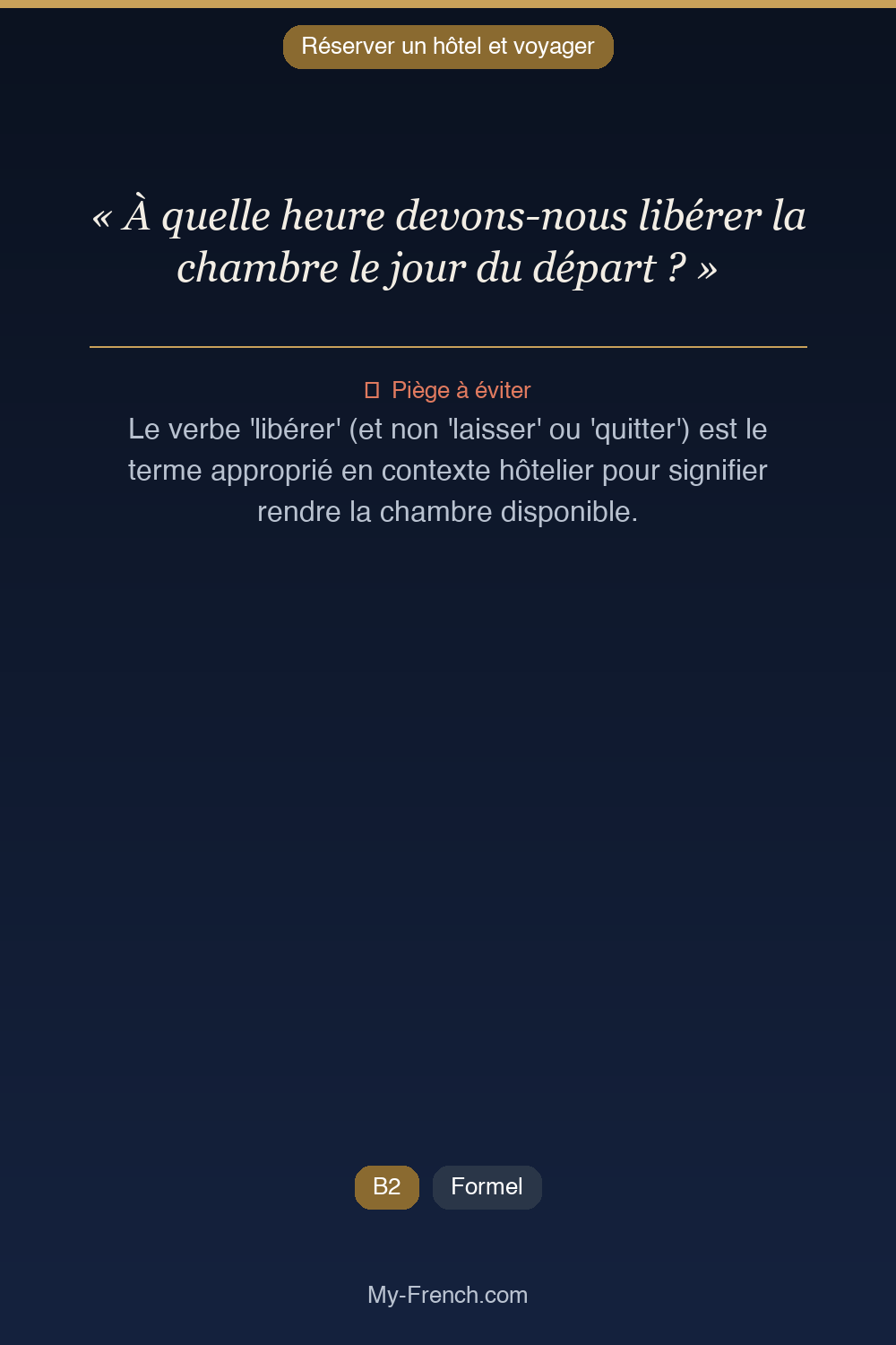 Français des affaires : « À quelle heure devons-nous libérer la chambre le jour du départ ? »