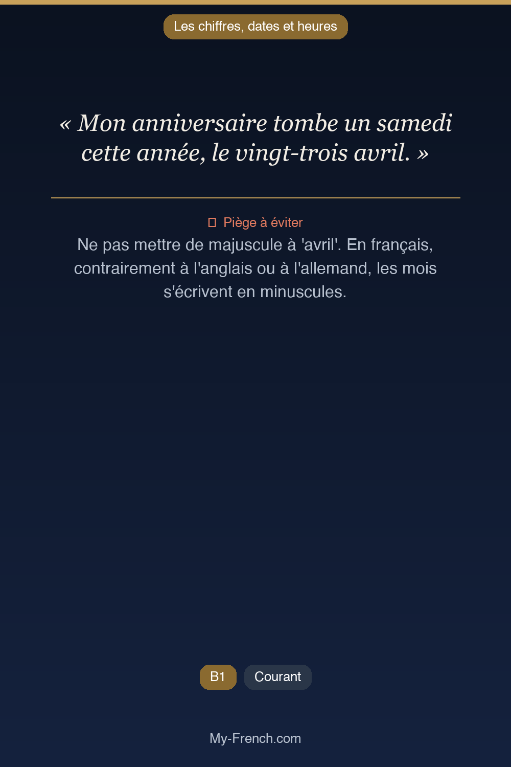 Français des affaires : « Mon anniversaire tombe un samedi cette année, le vingt-trois avril. »