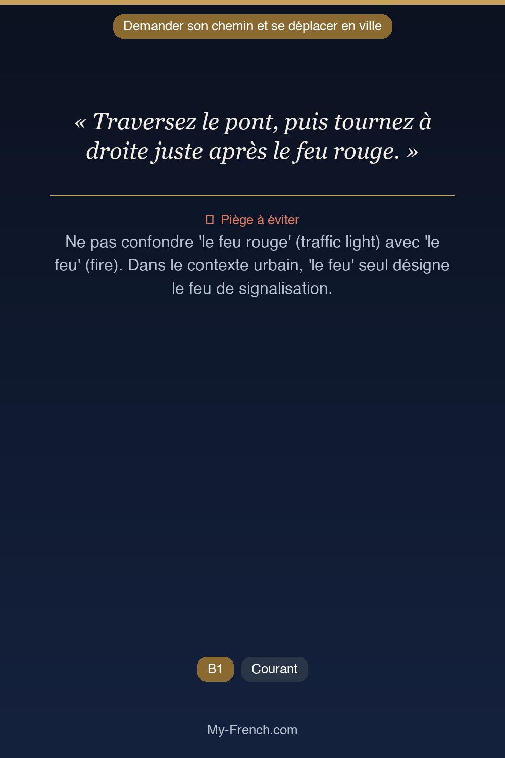 Français des affaires : « Traversez le pont, puis tournez à droite juste après le feu rouge. »