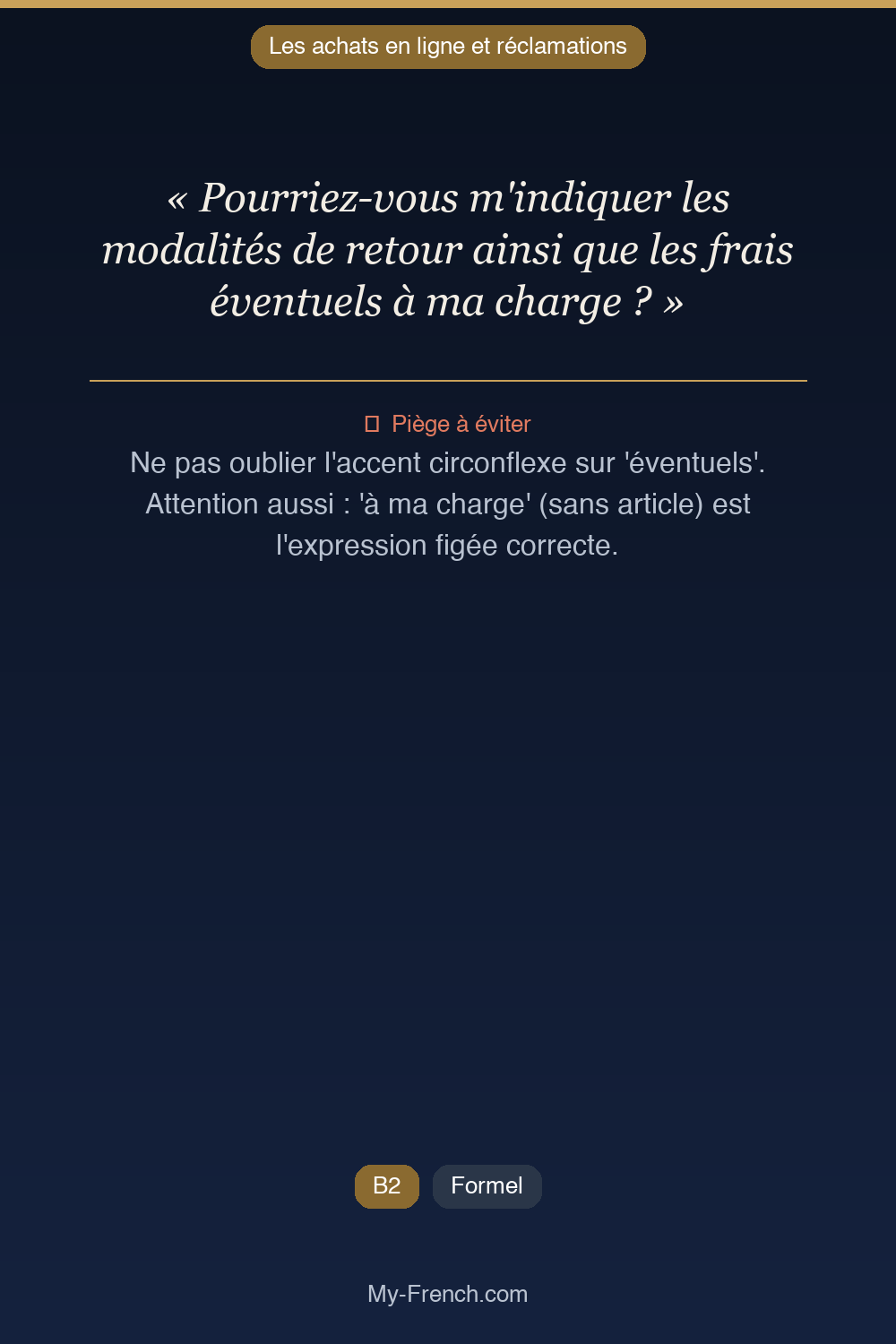 Français des affaires : « Pourriez-vous m'indiquer les modalités de retour ainsi que les frais é »