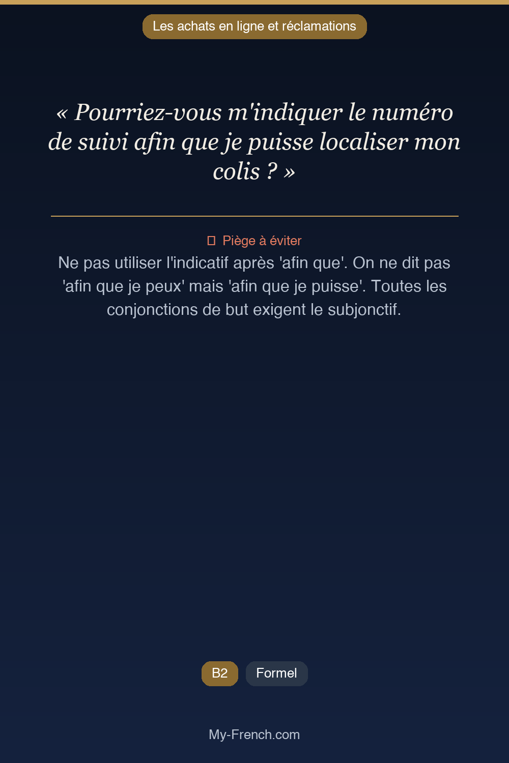 Français des affaires : « Pourriez-vous m'indiquer le numéro de suivi afin que je puisse localis »