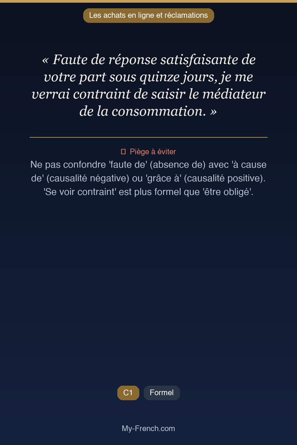 Français des affaires : « Faute de réponse satisfaisante de votre part sous quinze jours, je me  »
