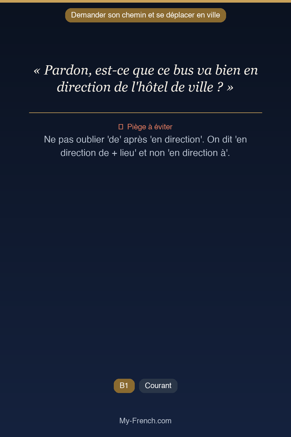 Français des affaires : « Pardon, est-ce que ce bus va bien en direction de l'hôtel de ville ? »