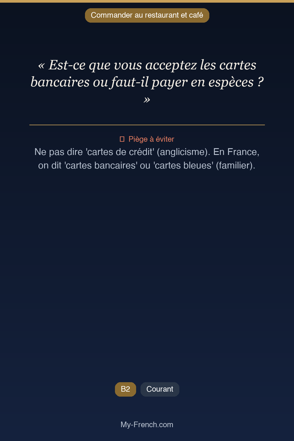 Français des affaires : « Est-ce que vous acceptez les cartes bancaires ou faut-il payer en espè »