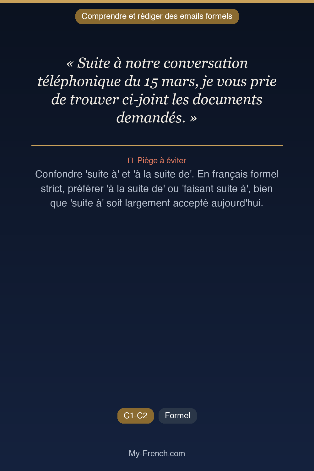 Français des affaires : « Suite à notre conversation téléphonique du 15 mars, je vous prie de tr »