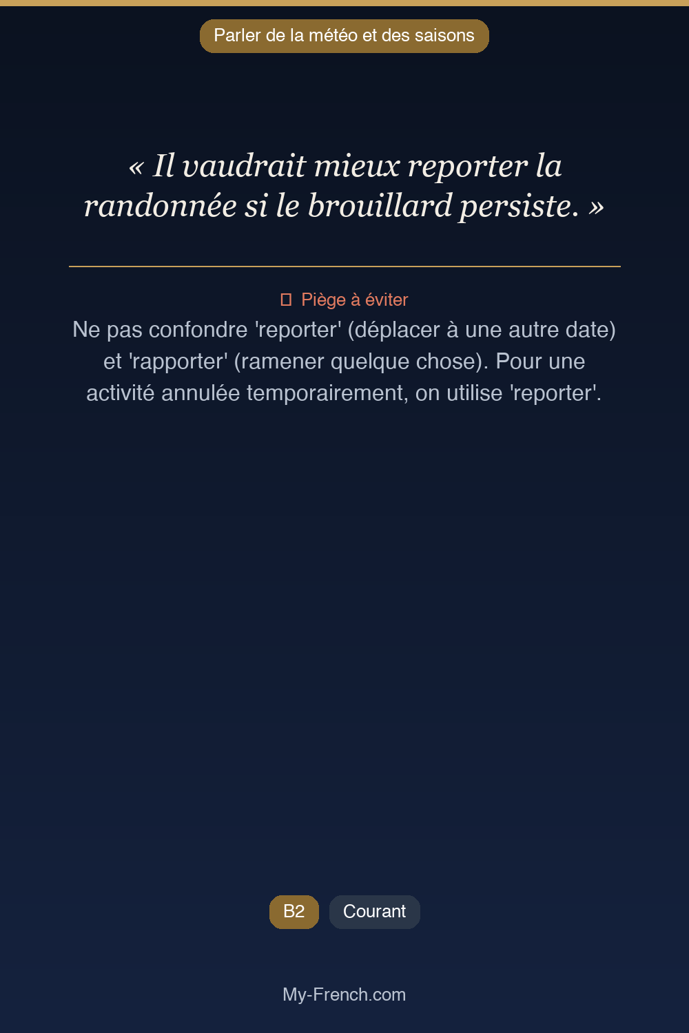 Français des affaires : « Il vaudrait mieux reporter la randonnée si le brouillard persiste. »