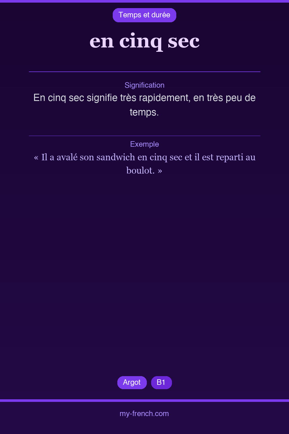 en cinq sec : que veut dire cette expression ?