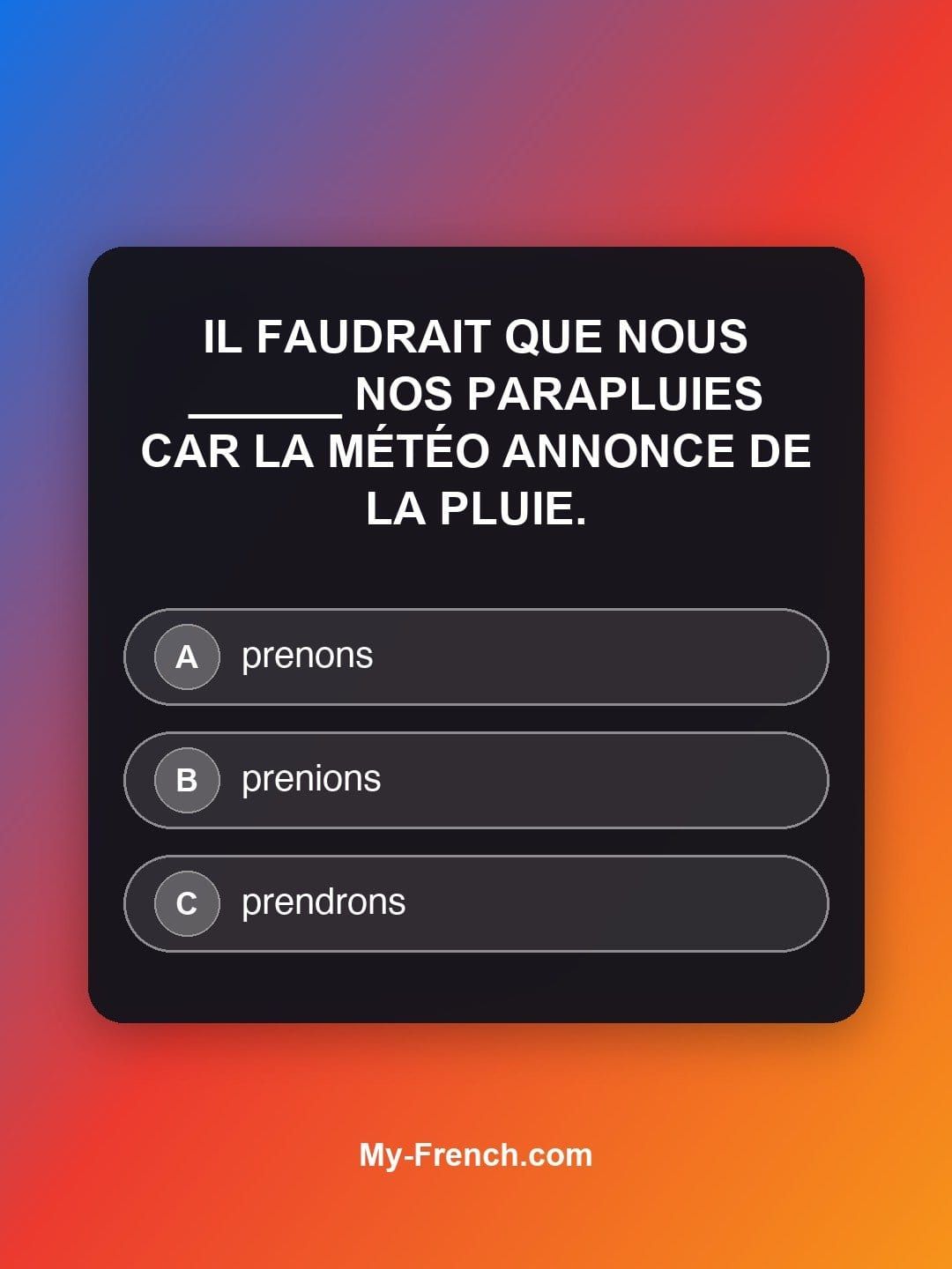 Quiz de français — Niveau B1 : Il faudrait que nous ______ nos parapluies car la météo annonce de la