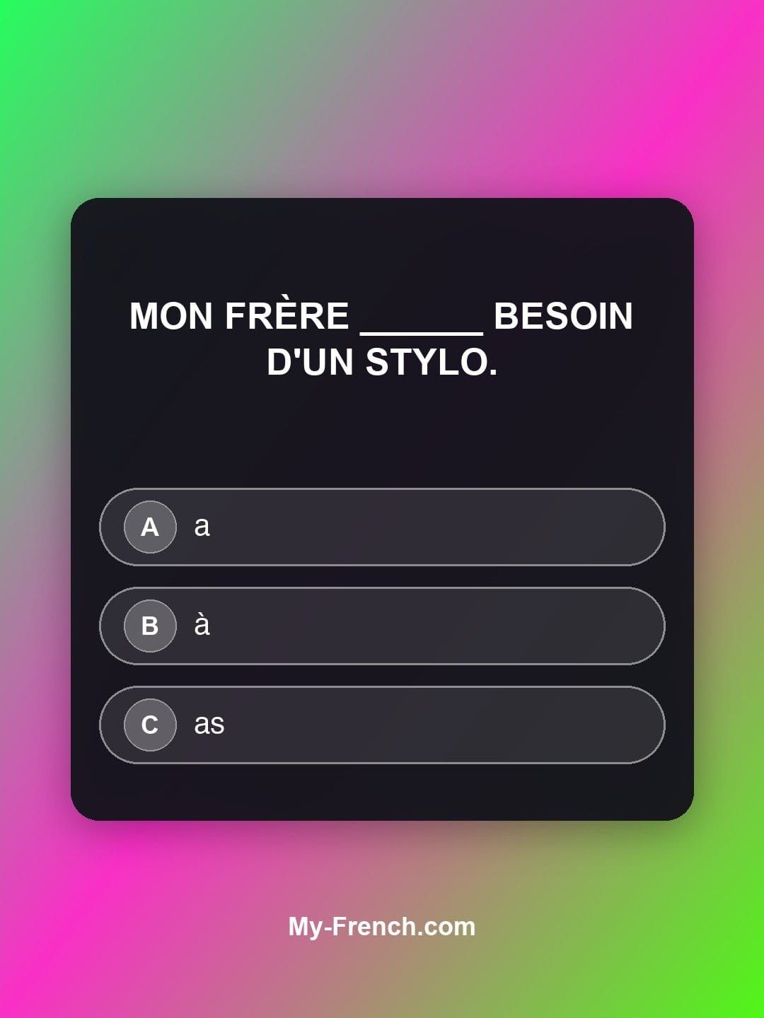 Quiz de français — Niveau A2 : Mon frère ______ besoin d'un stylo.