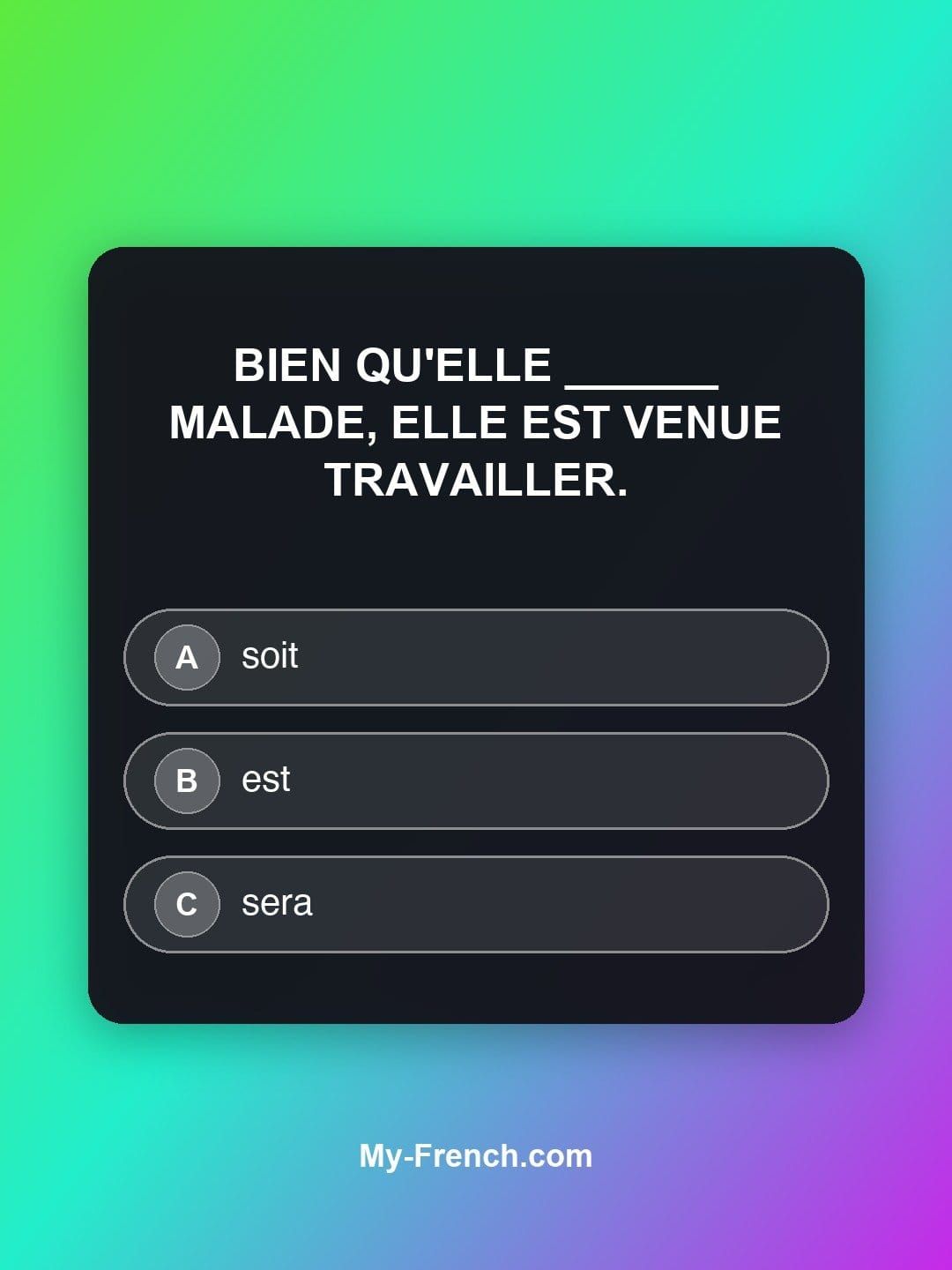 Quiz de français — Niveau B2 : Bien qu'elle ______ malade, elle est venue travailler.