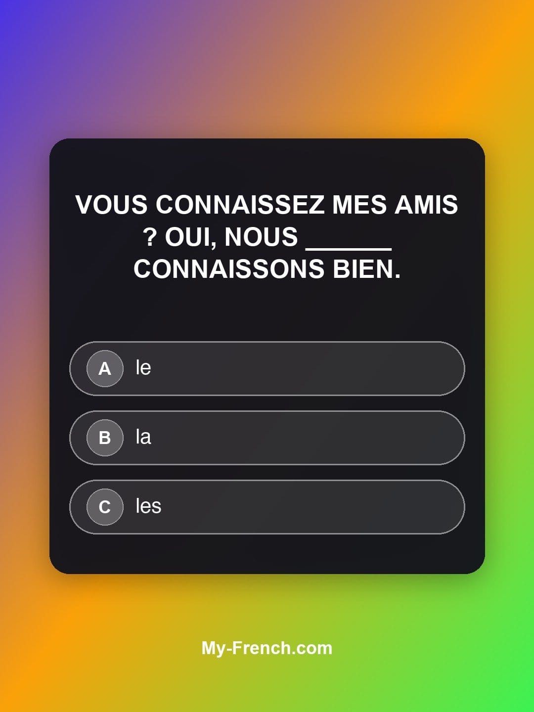 Quiz de français — Niveau A1 : Vous connaissez mes amis ? Oui, nous ______ connaissons bien.