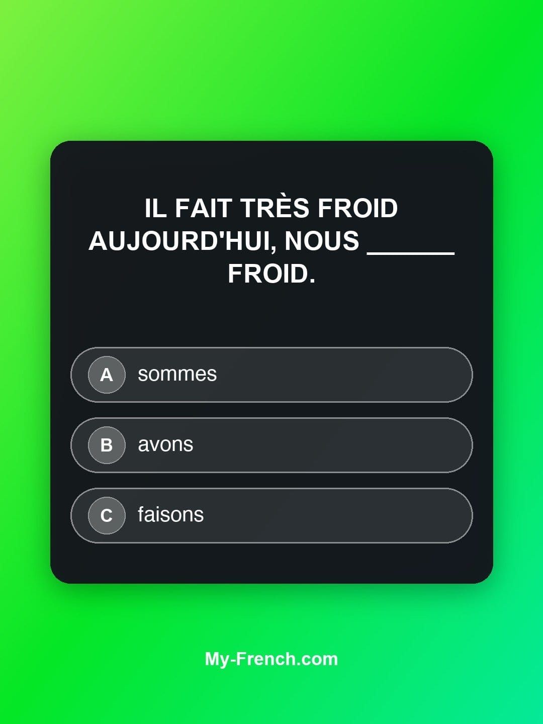 Quiz de français — Niveau A1 : Il fait très froid aujourd'hui, nous ______ froid.