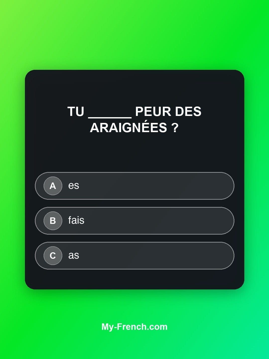 Quiz de français — Niveau A1 : Tu ______ peur des araignées ?