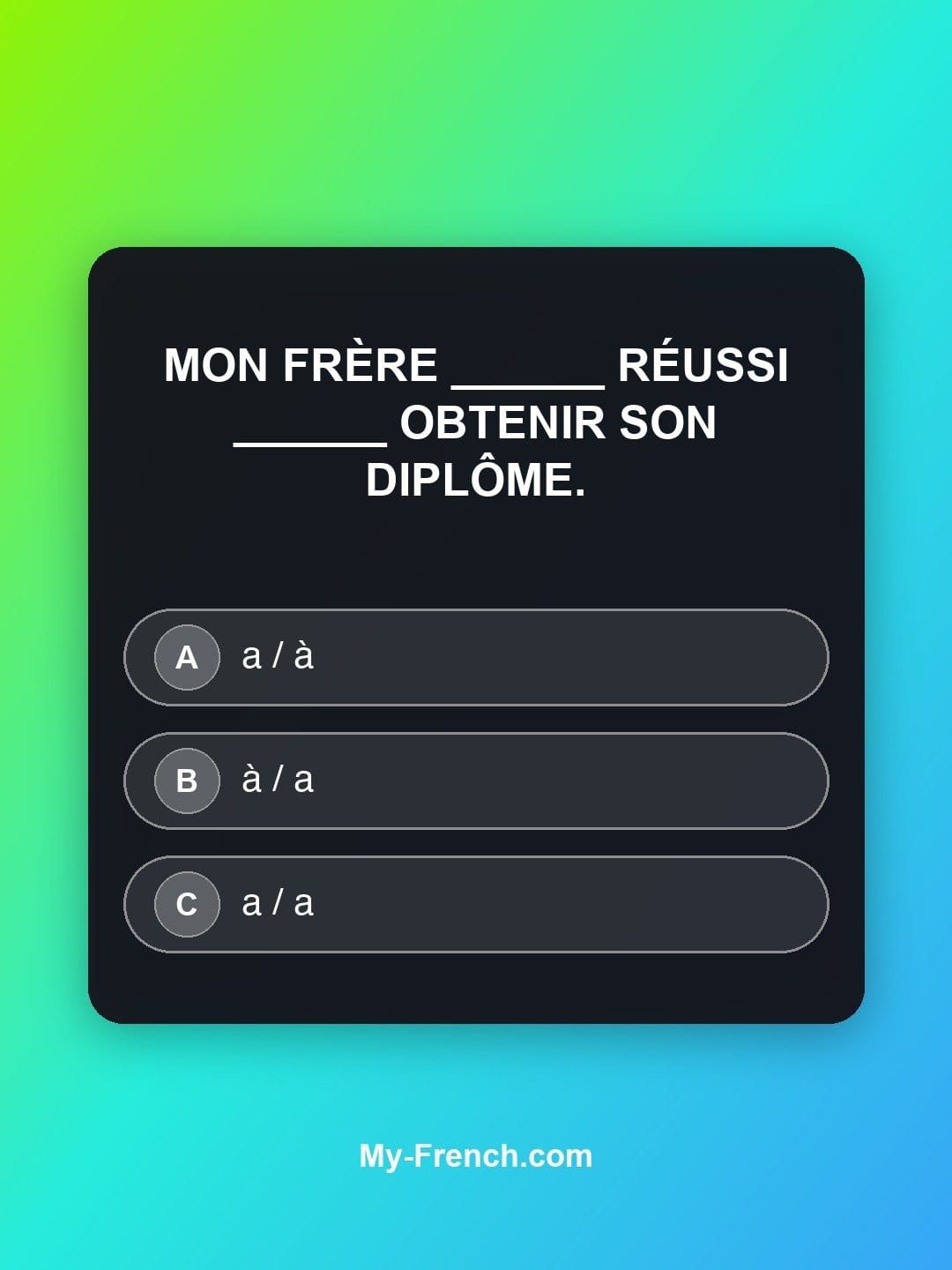 Quiz de français — Niveau B1 : Mon frère ______ réussi ______ obtenir son diplôme.