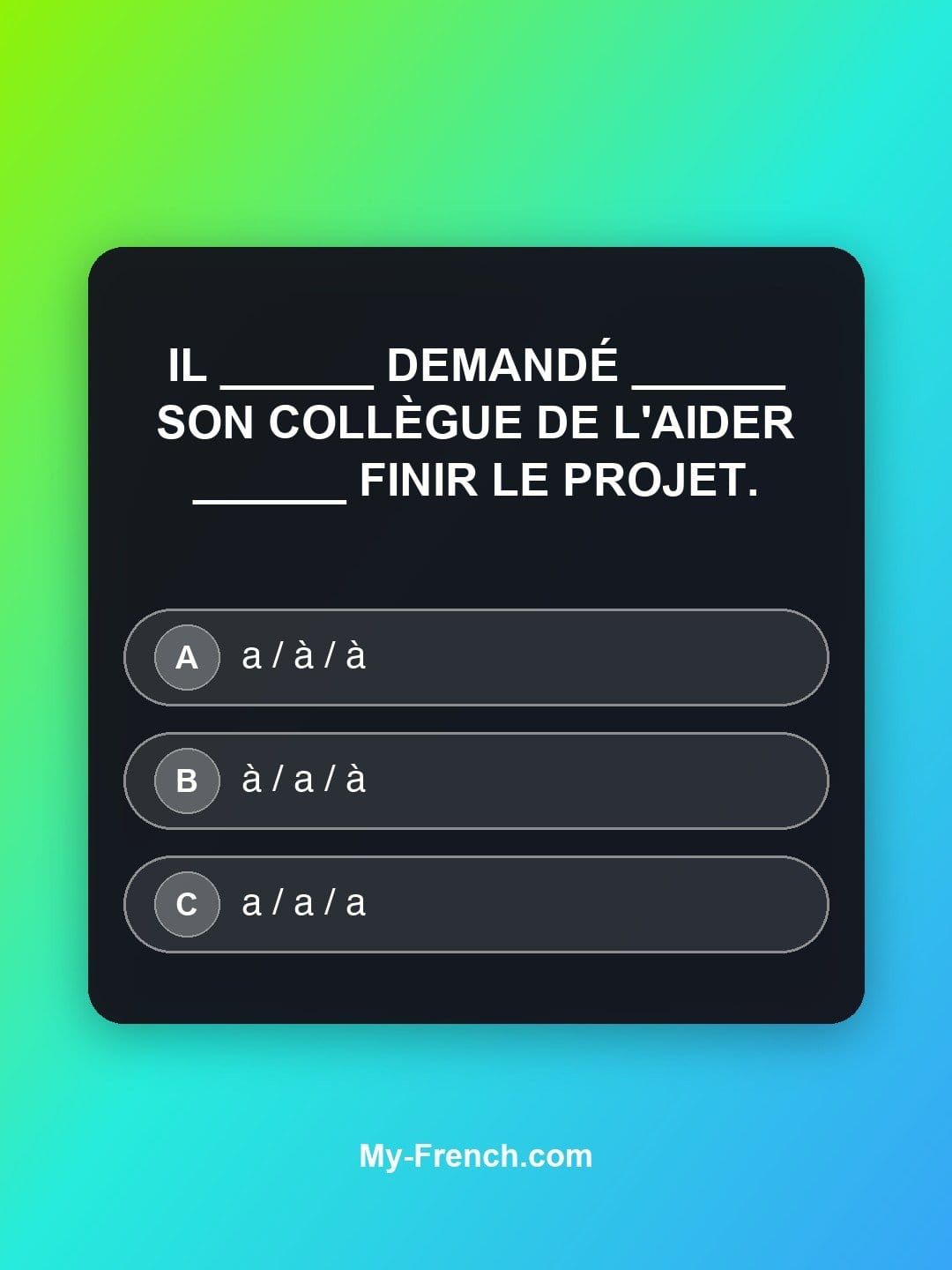 Quiz de français — Niveau B1 : Il ______ demandé ______ son collègue de l'aider ______ finir le proje