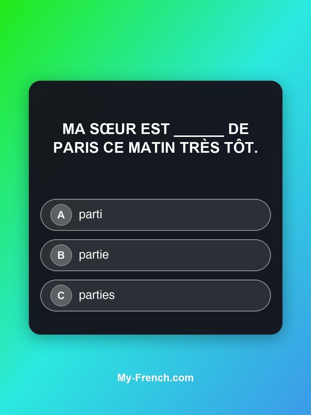 Quiz de français — Niveau B1 : Ma sœur est ______ de Paris ce matin très tôt.