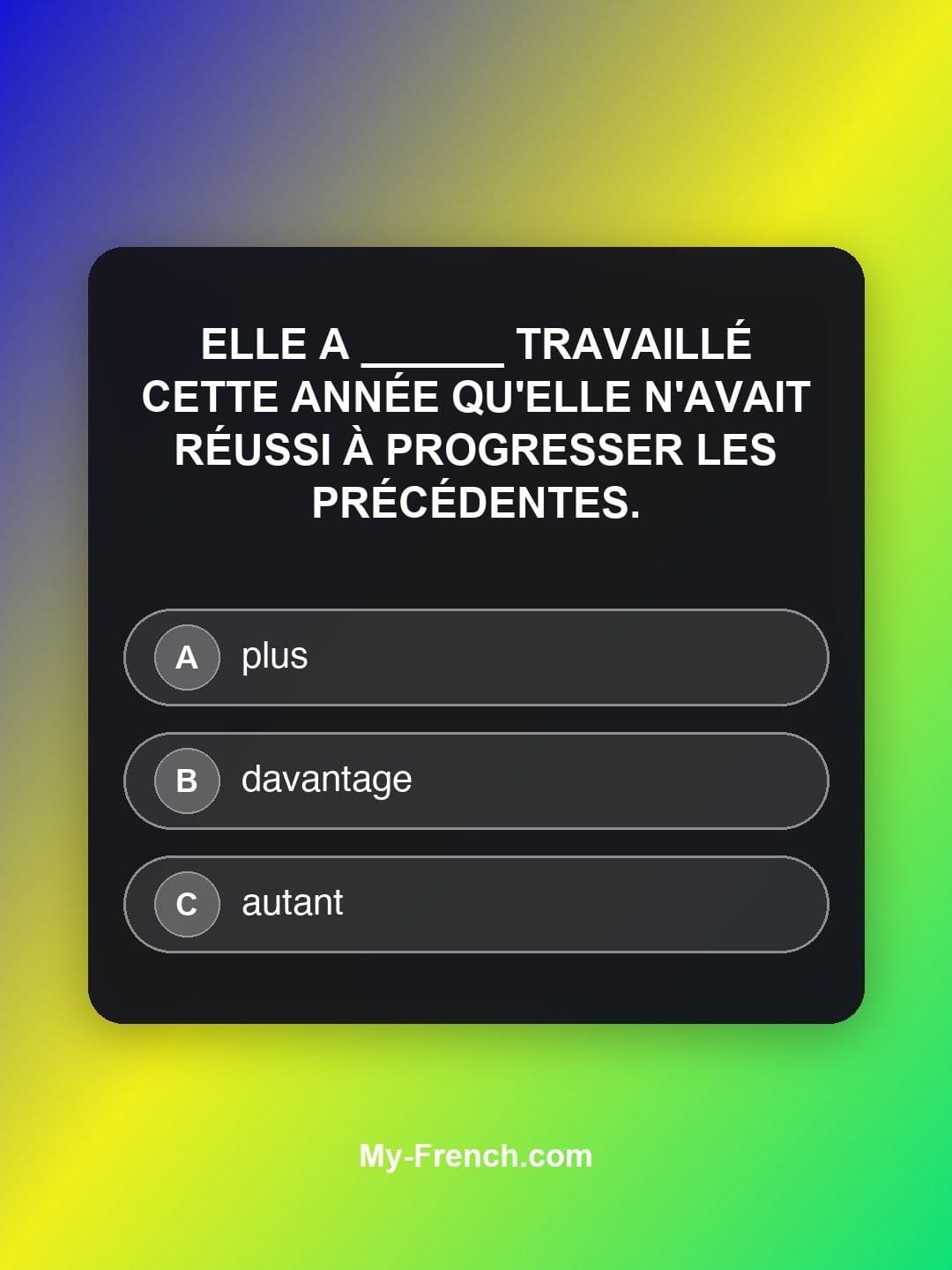Quiz de français — Niveau C1 : Elle a ______ travaillé cette année qu'elle n'avait réussi à progresse