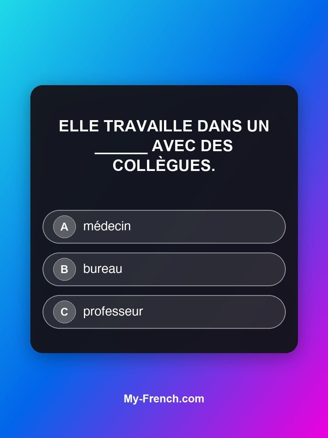 Quiz de français — Niveau A1 : Elle travaille dans un ______ avec des collègues.