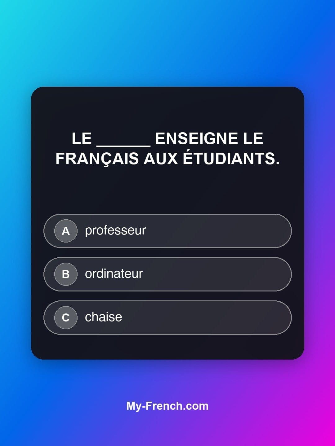Quiz de français — Niveau A1 : Le ______ enseigne le français aux étudiants.