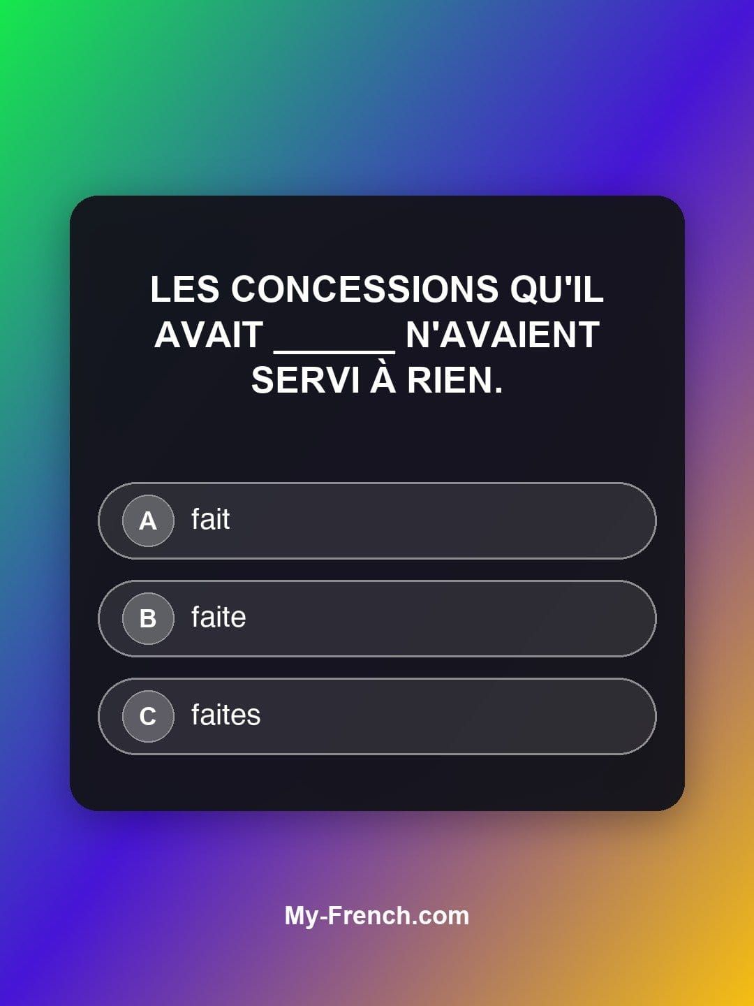 Quiz de français — Niveau C2 : Les concessions qu'il avait ______ n'avaient servi à rien.