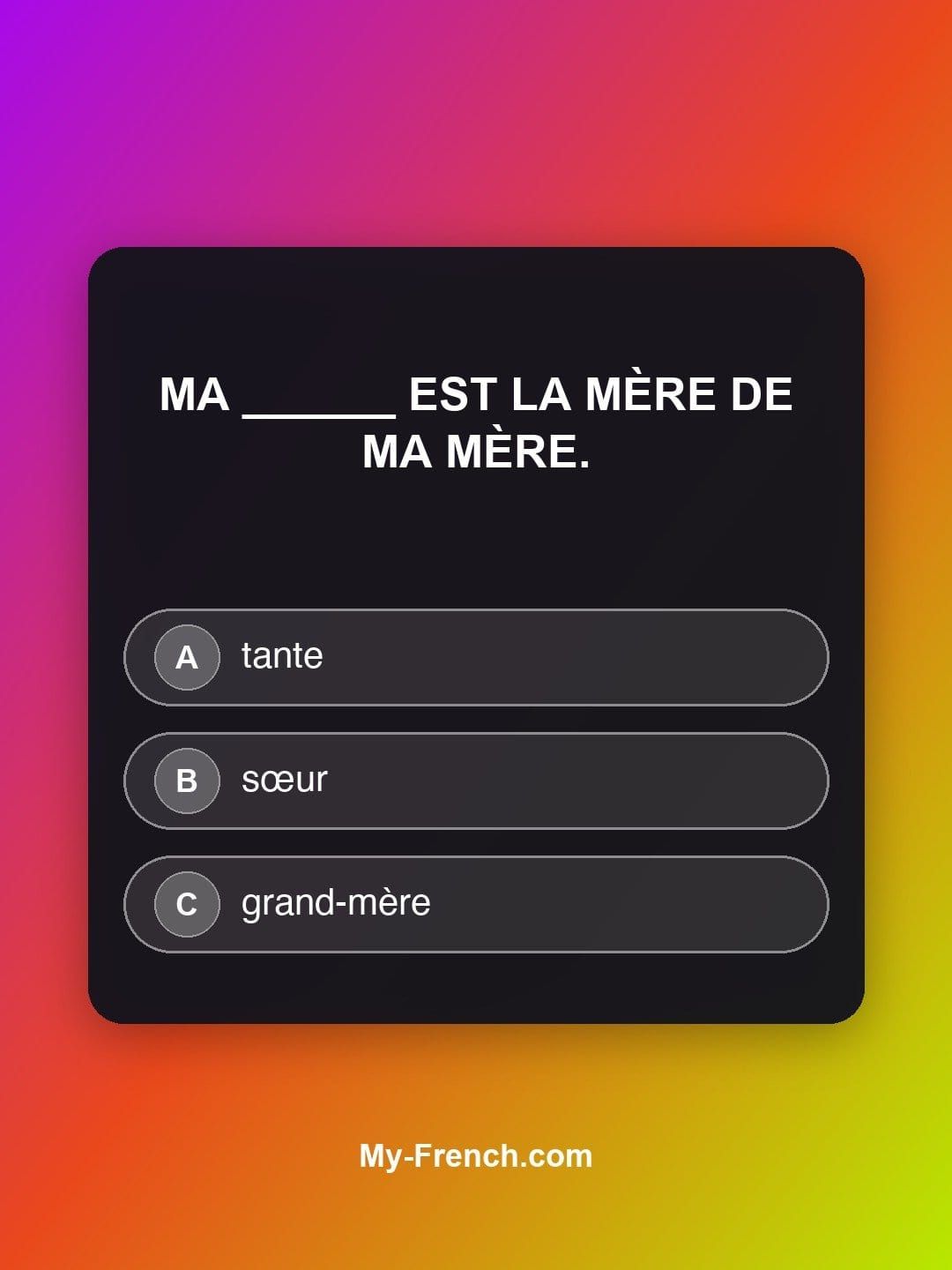 Quiz de français — Niveau A1 : Ma ______ est la mère de ma mère.