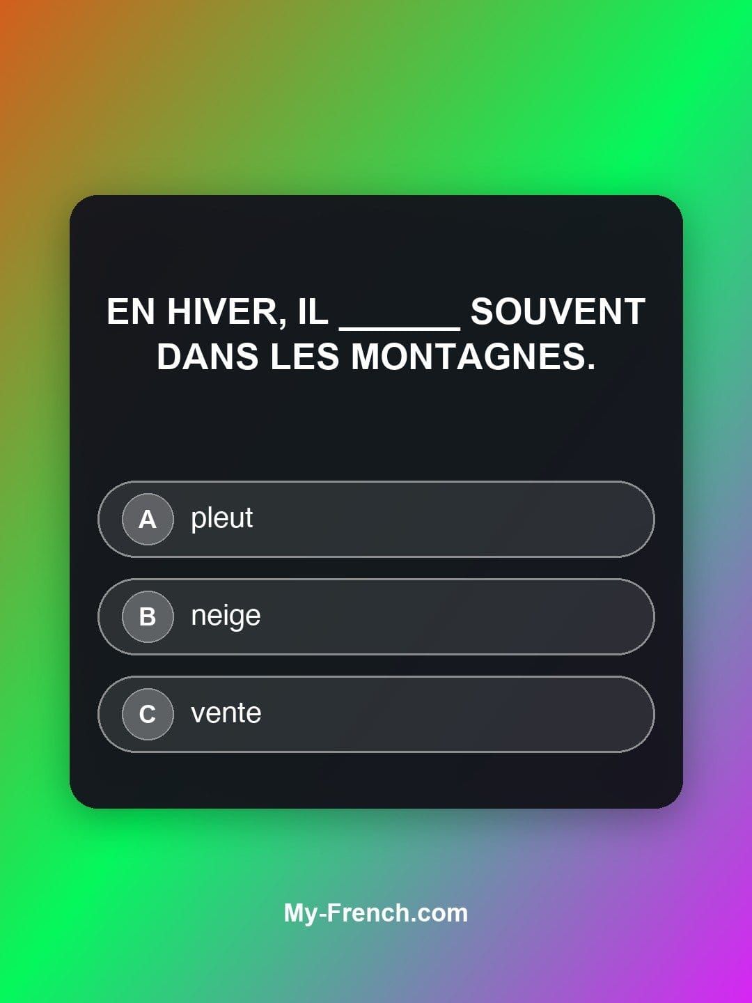 Quiz de français — Niveau A1 : En hiver, il ______ souvent dans les montagnes.
