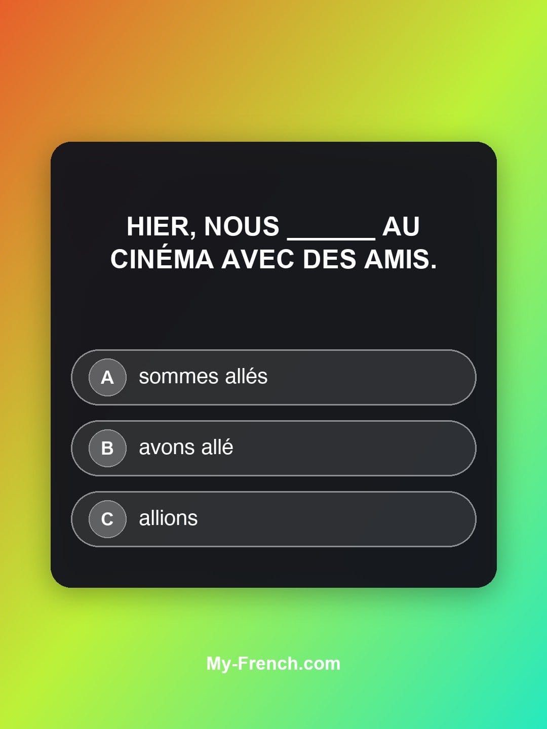 Quiz de français — Niveau B1 : Hier, nous ______ au cinéma avec des amis.