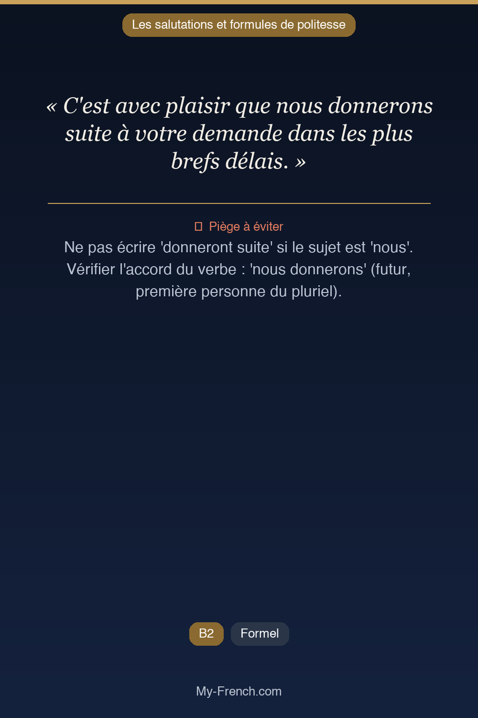 Français des affaires : « C'est avec plaisir que nous donnerons suite à votre demande dans les p »