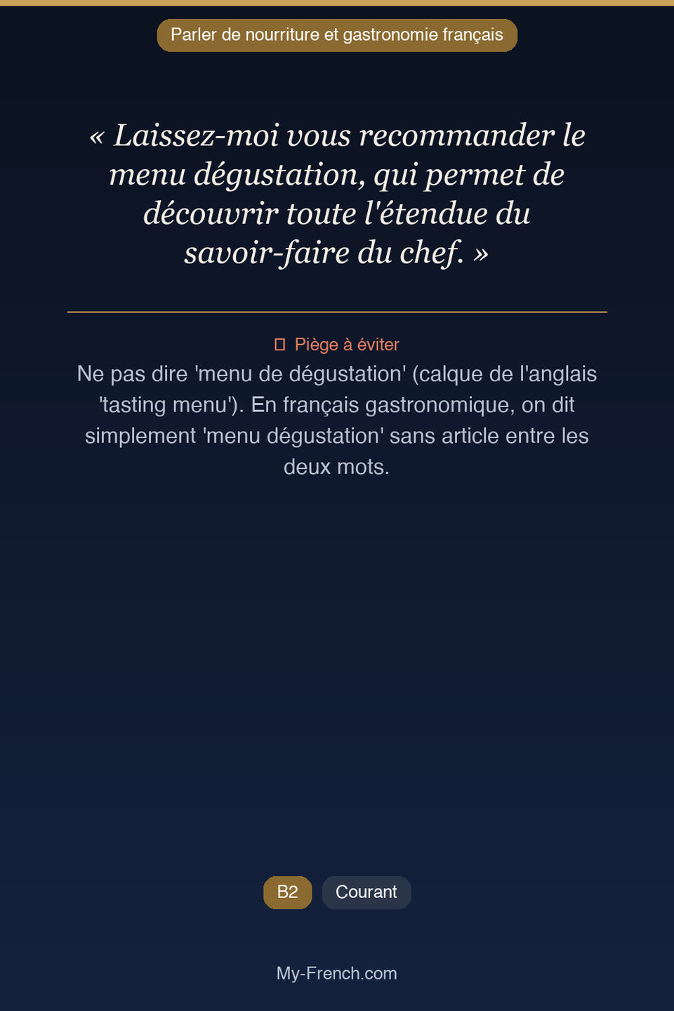 Français des affaires : « Laissez-moi vous recommander le menu dégustation, qui permet de découv »