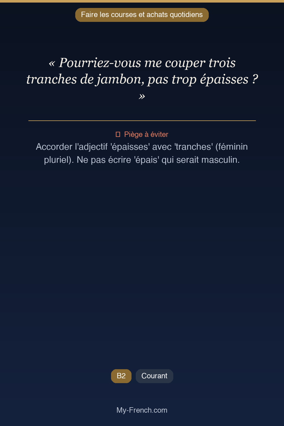 Français des affaires : « Pourriez-vous me couper trois tranches de jambon, pas trop épaisses ? »