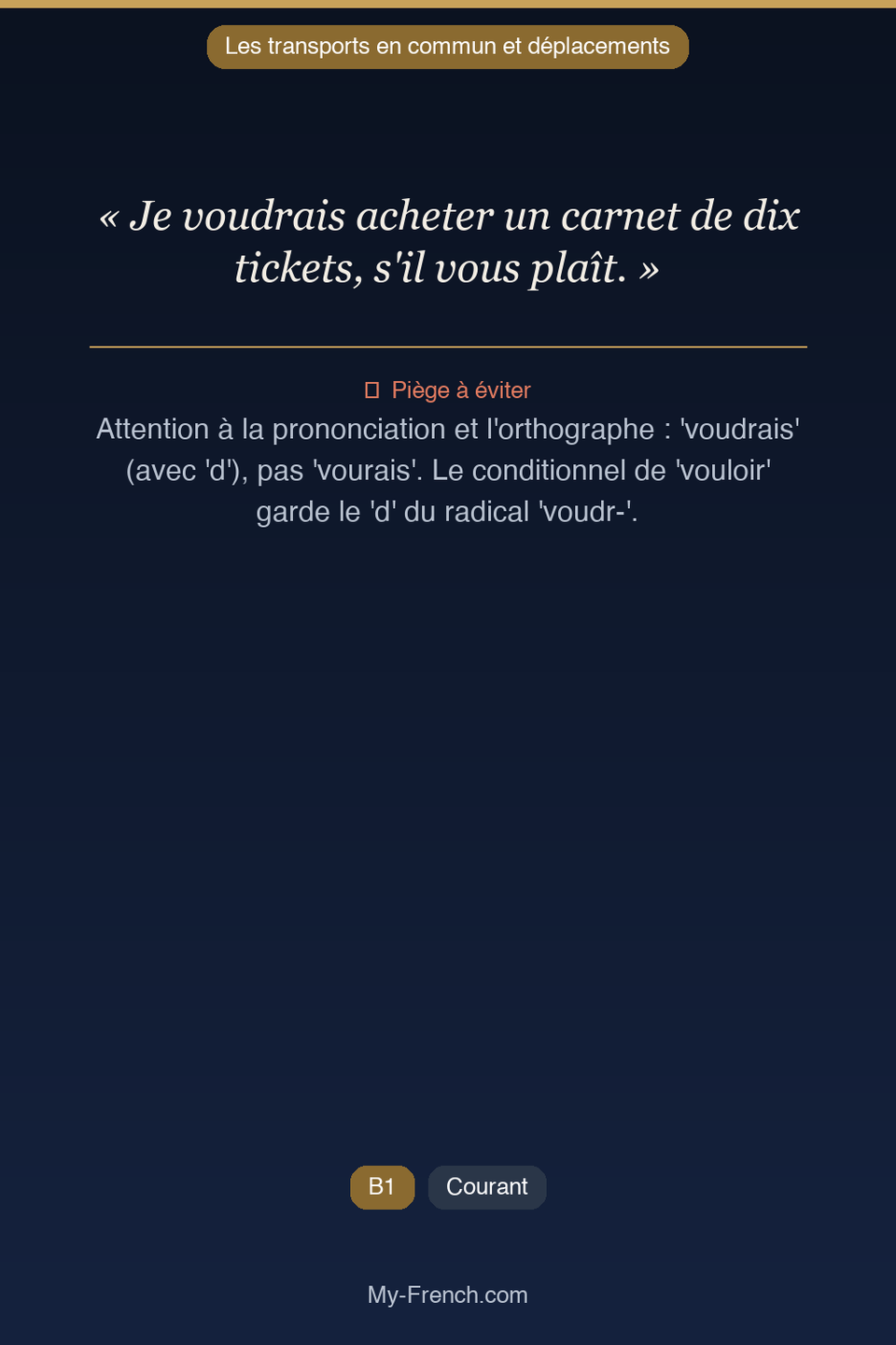Français des affaires : « Je voudrais acheter un carnet de dix tickets, s'il vous plaît. »