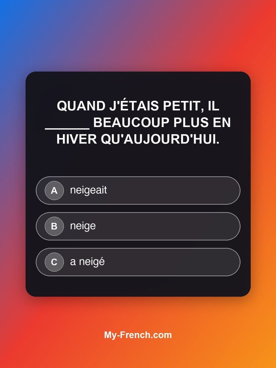 Quiz de français — Niveau B1 : Quand j'étais petit, il ______ beaucoup plus en hiver qu'aujourd'hui.