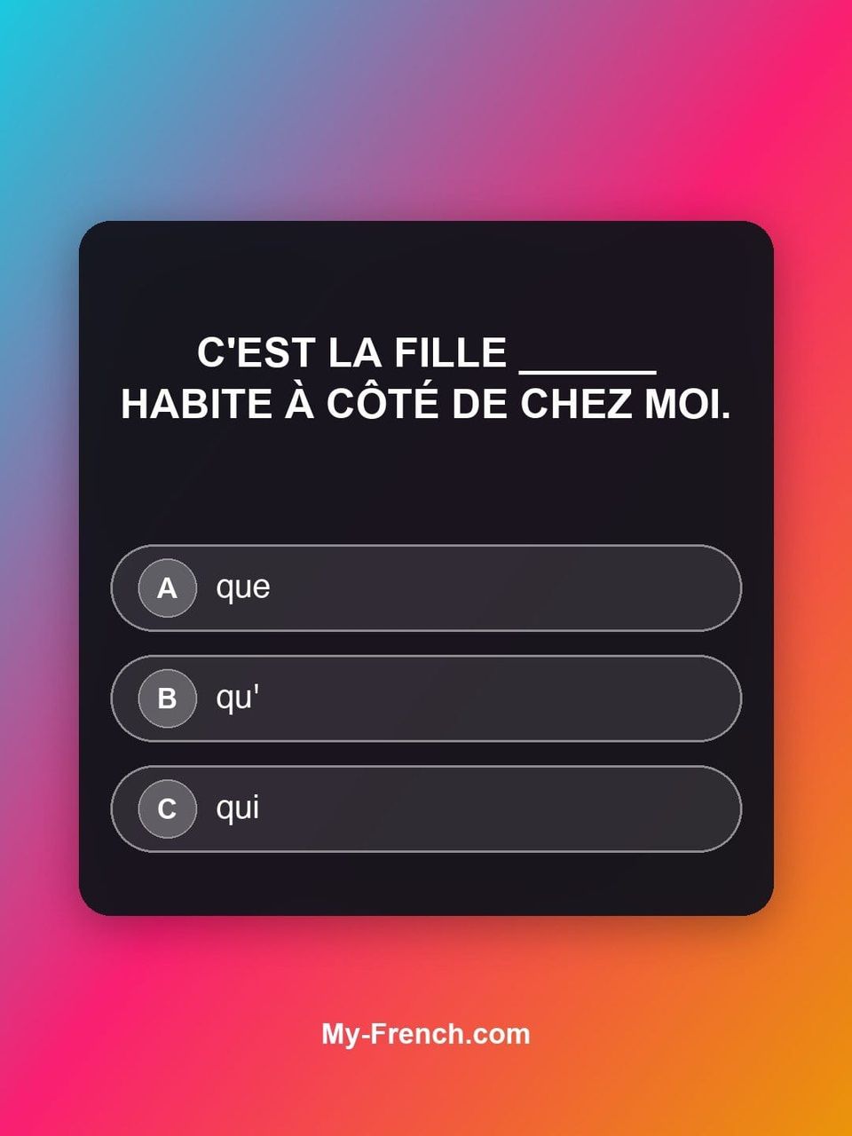 Quiz de français — Niveau A2 : C'est la fille ______ habite à côté de chez moi.