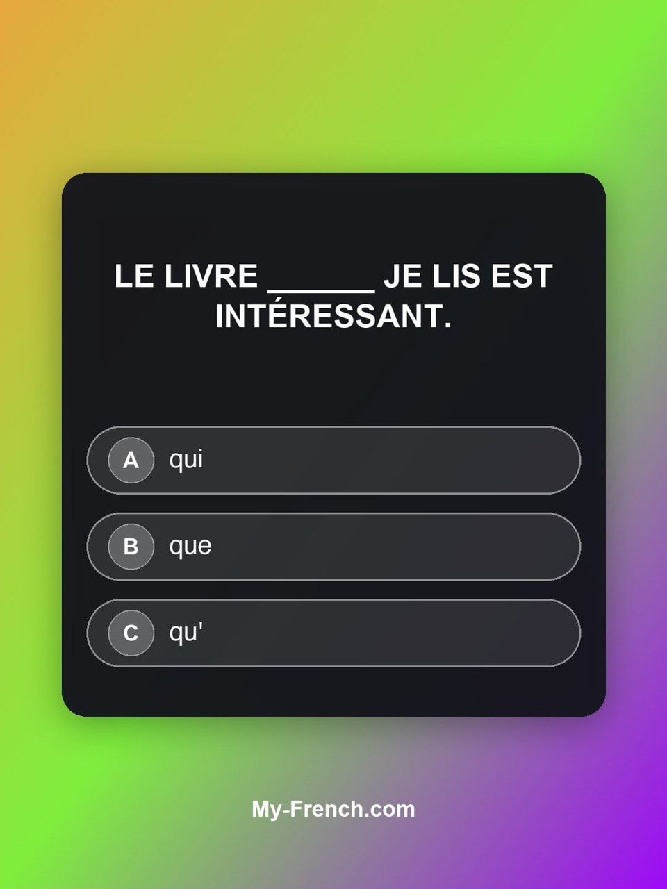 Quiz de français — Niveau A1 : Le livre ______ je lis est intéressant.