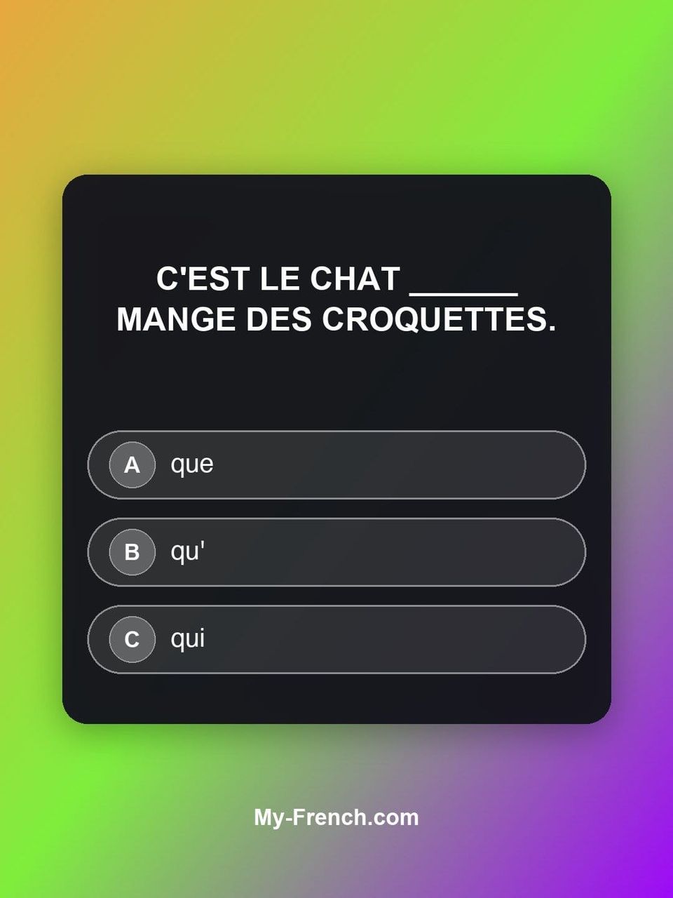Quiz de français — Niveau A1 : C'est le chat ______ mange des croquettes.