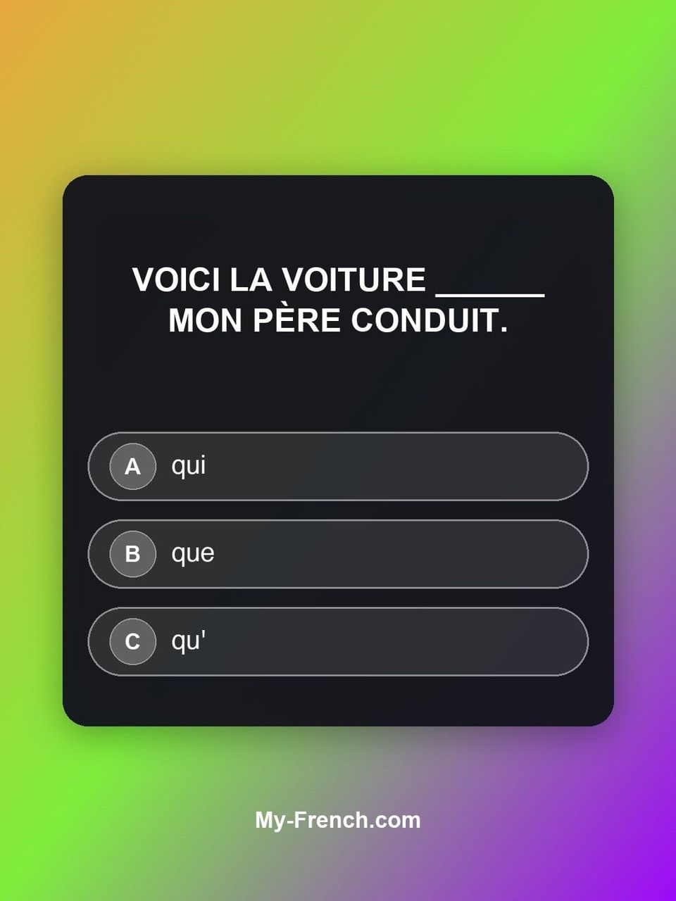 Quiz de français — Niveau A1 : Voici la voiture ______ mon père conduit.