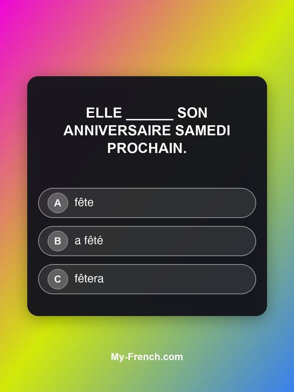 Quiz de français — Niveau A2 : Elle ______ son anniversaire samedi prochain.