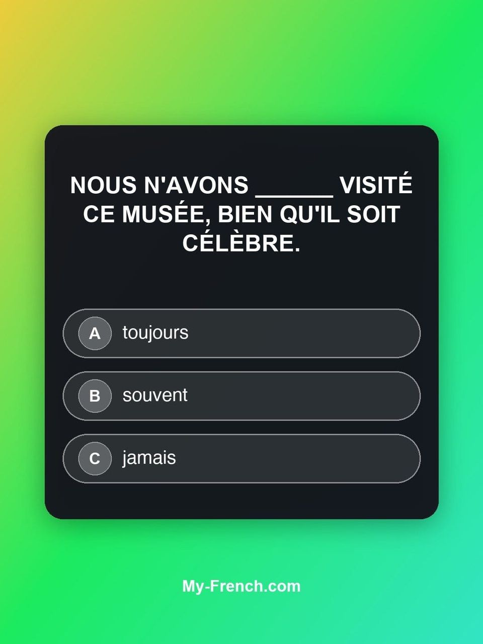 Quiz de français — Niveau B1 : Nous n'avons ______ visité ce musée, bien qu'il soit célèbre.
