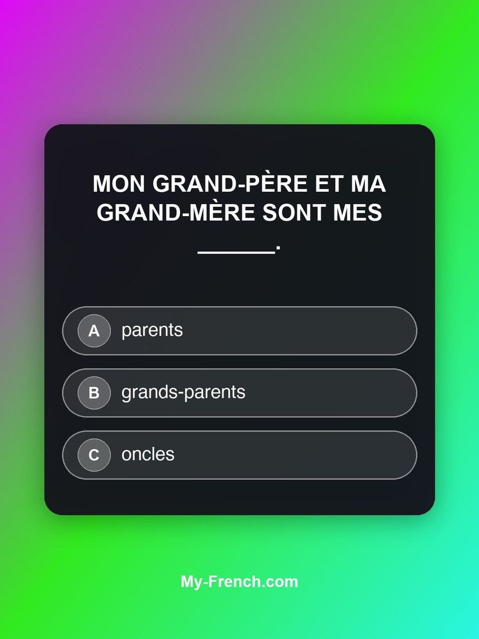 Quiz de français — Niveau A2 : Mon grand-père et ma grand-mère sont mes ______.
