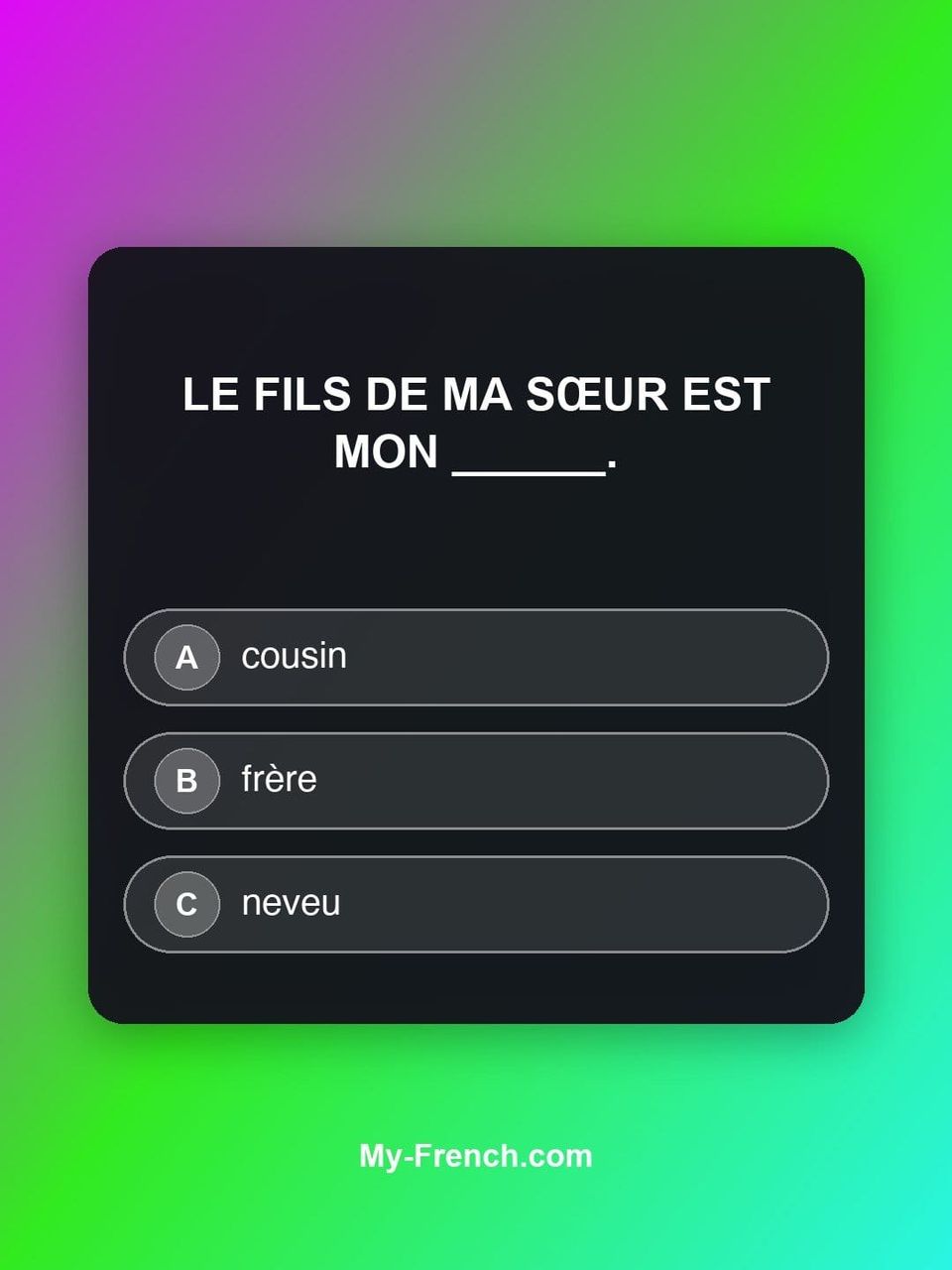 Quiz de français — Niveau A2 : Le fils de ma sœur est mon ______.