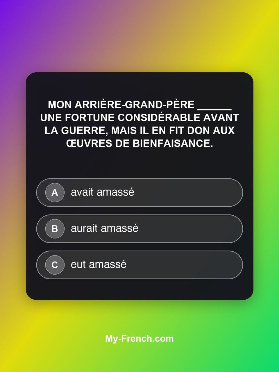 Quiz de français — Niveau C1 : Mon arrière-grand-père ______ une fortune considérable avant la guerre