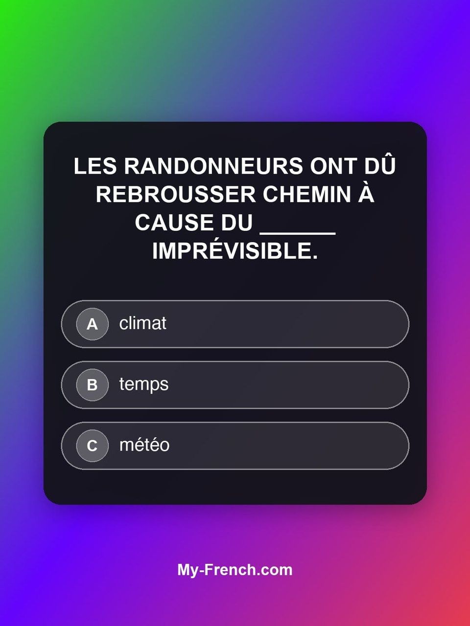 Quiz de français — Niveau B2 : Les randonneurs ont dû rebrousser chemin à cause du ______ imprévisibl
