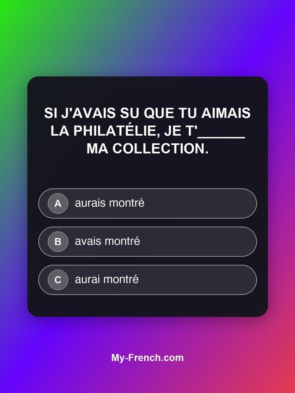 Quiz de français — Niveau B2 : Si j'avais su que tu aimais la philatélie, je t'______ ma collection.