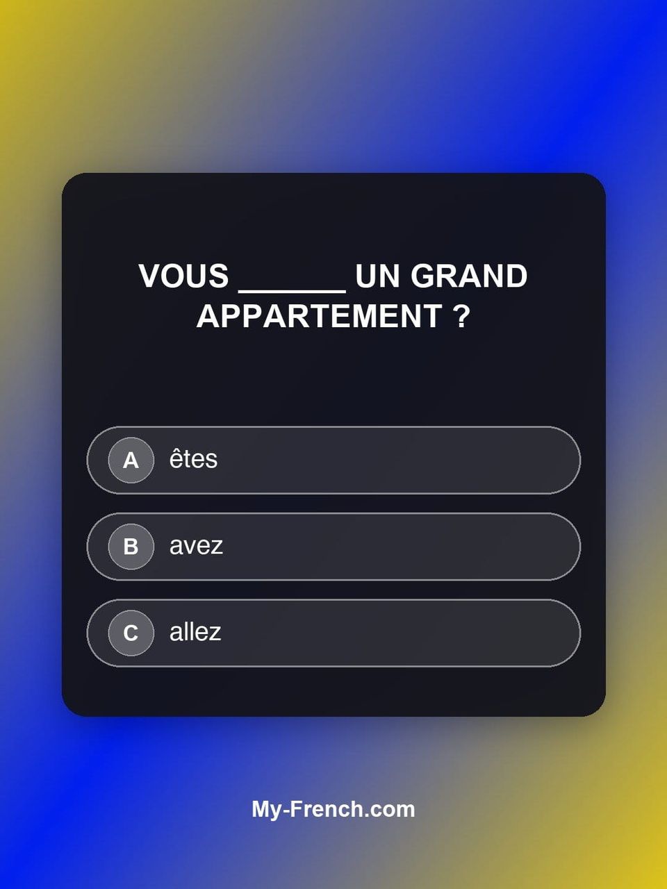 Quiz de français — Niveau A1 : Vous ______ un grand appartement ?