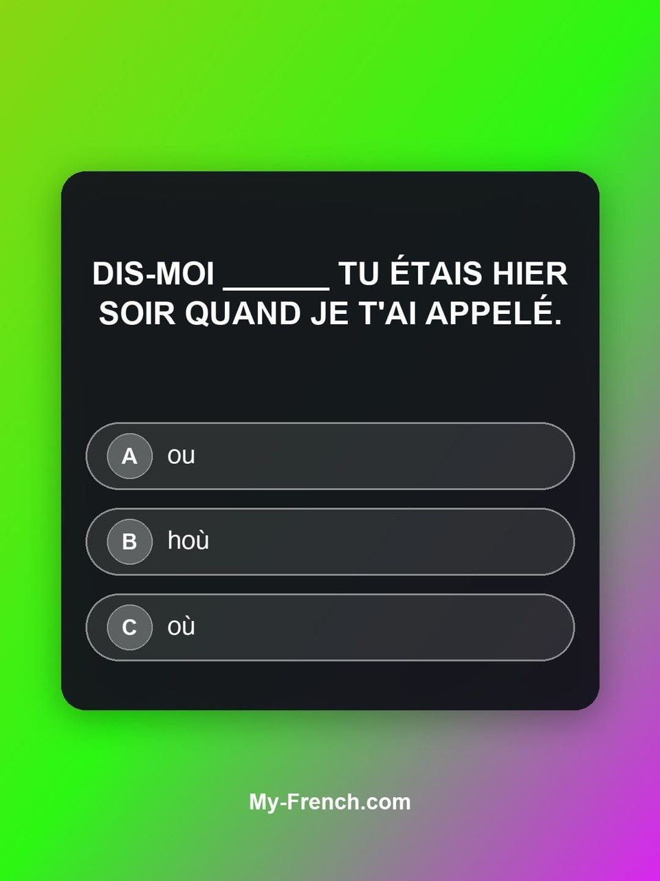 Quiz de français — Niveau B1 : Dis-moi ______ tu étais hier soir quand je t'ai appelé.