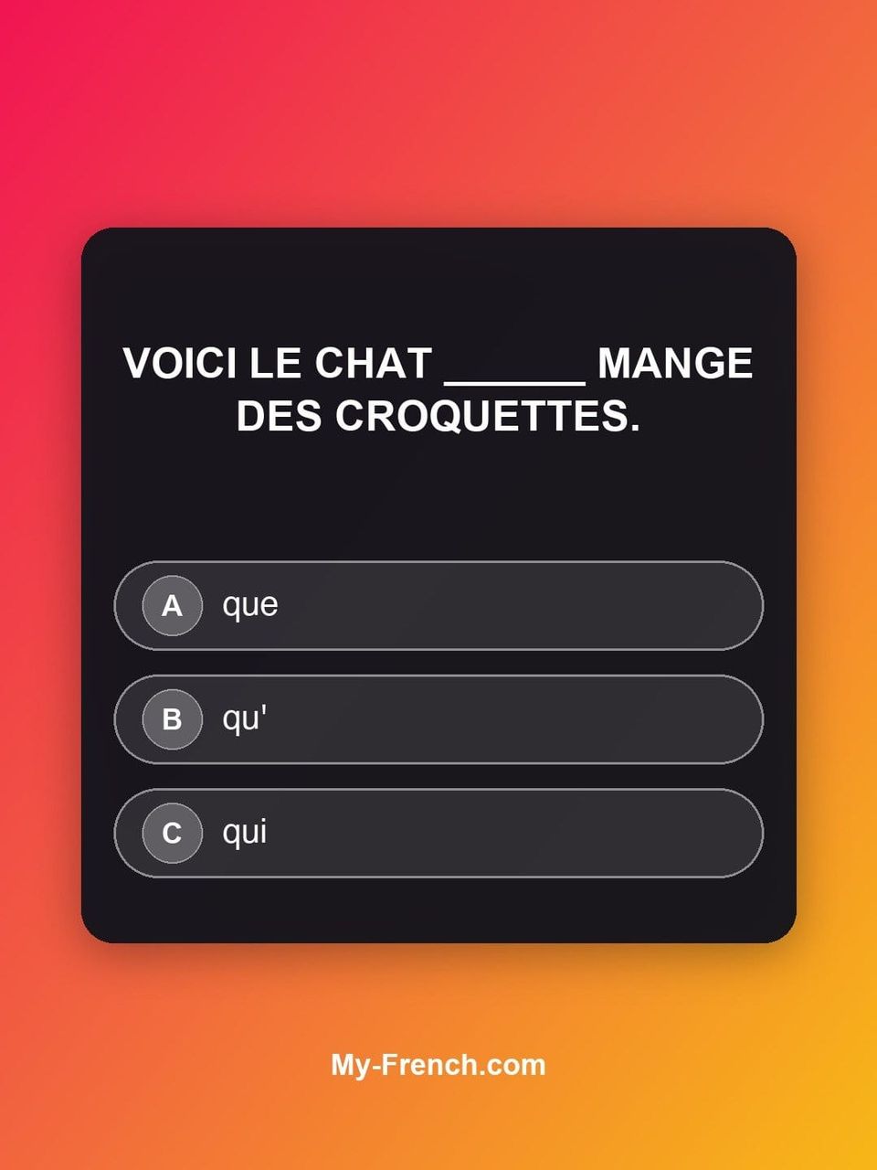 Quiz de français — Niveau A1 : Voici le chat ______ mange des croquettes.