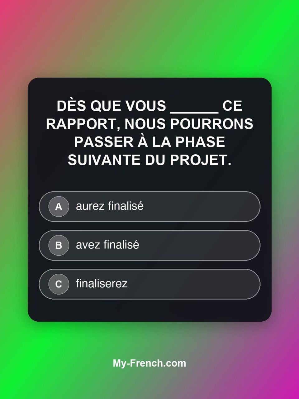 Quiz de français — Niveau C1 : Dès que vous ______ ce rapport, nous pourrons passer à la phase suivan