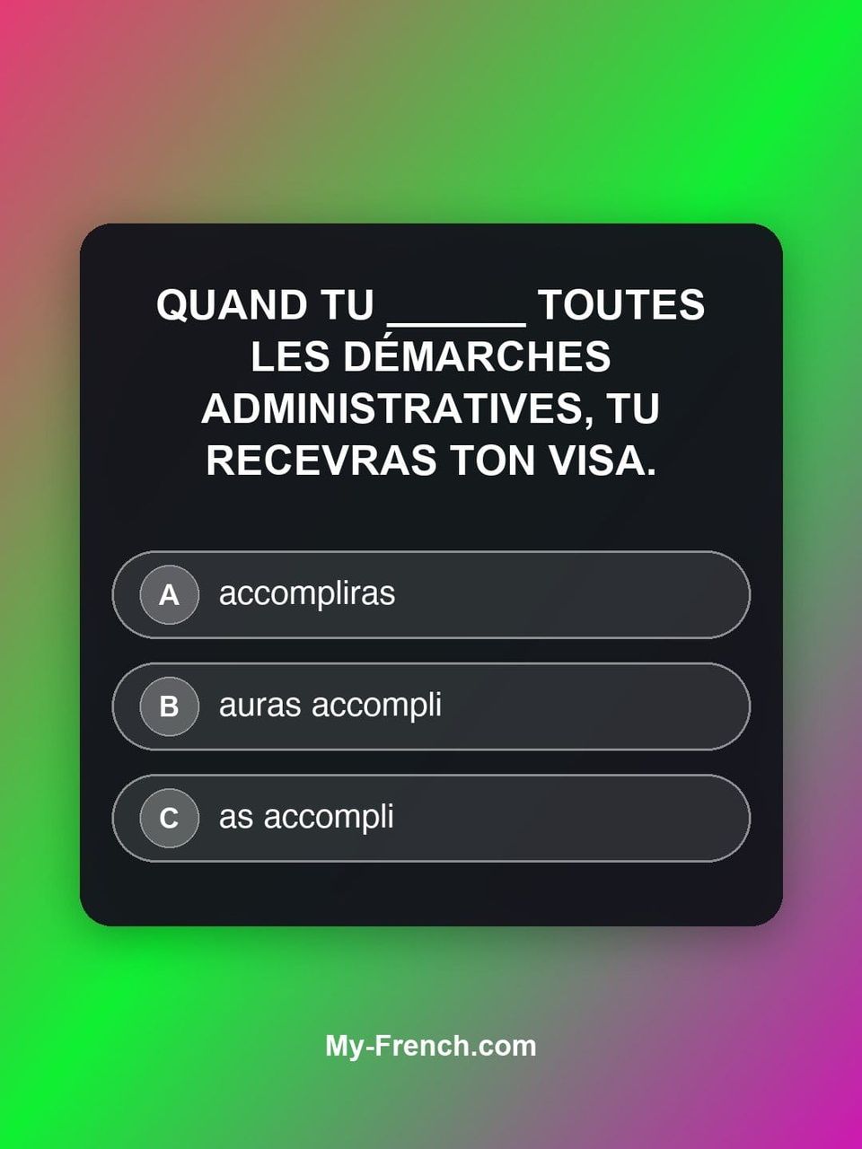 Quiz de français — Niveau C1 : Quand tu ______ toutes les démarches administratives, tu recevras ton
