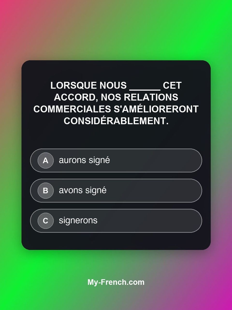 Quiz de français — Niveau C1 : Lorsque nous ______ cet accord, nos relations commerciales s'améliorer